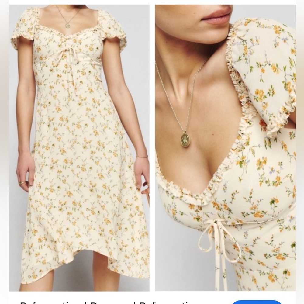 Reformation Maebry Cream Floral Midi Dress Cap Sleeve Asymmetrical size 6